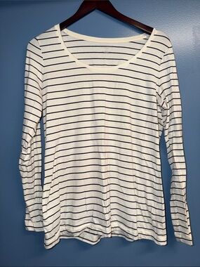 Lands' End White and Black Striped Long-Sleeve Scoop Neck Tee
